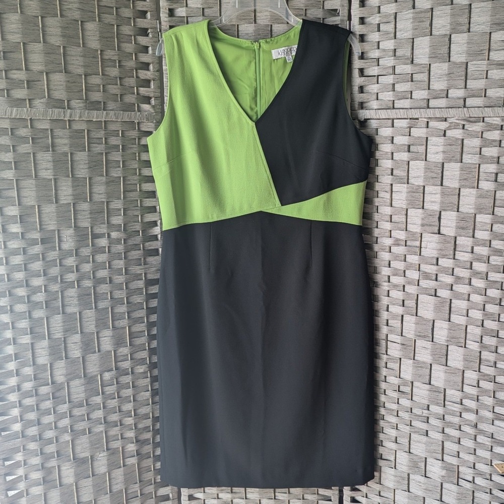 Sheath Dress Lime Green Black Colorblock V-Neck Sleeveless Sz 14‎ Mod MCM Office